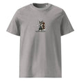 Carregar imagem no visualizador da Galeria, Unisex heather grey organic cotton t-shirt with cat and golf bag graphic on front