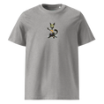 Cargar la imagen en la vista de la galería, Unisex organic cotton heather grey t-shirt with cartoon cat graphic on front