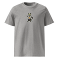 Carregar imagem no visualizador da Galeria, Unisex organic cotton heather grey t-shirt with cartoon cat graphic on front