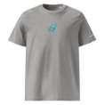 Загрузить изображение в просмотрщик галереи, Unisex heather grey organic cotton t-shirt with teal logo and short sleeves