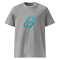 Bild in Galerie-Betrachter laden, Heather grey unisex organic cotton t-shirt with teal abstract symbol and cursive text design