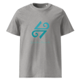 Charger l'image dans la visionneuse de la galerie, Heather grey unisex organic cotton t-shirt with teal abstract symbol and cursive text design