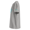 Cargar la imagen en la vista de la galería, Heather grey unisex organic cotton t-shirt left side view with turquoise text on sleeve