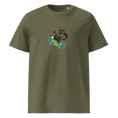 Cargar la imagen en la vista de la galería, Unisex khaki organic cotton t-shirt with cat and skateboard graphic on front