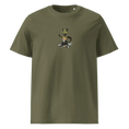 Cargar la imagen en la vista de la galería, Unisex organic cotton khaki t-shirt with cartoon cat meditating graphic on front