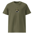 Carregar imagem no visualizador da Galeria, Unisex organic cotton khaki t-shirt with cartoon cat meditating graphic on front