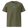Загрузить изображение в просмотрщик галереи, Unisex organic cotton khaki t-shirt with blue logo and short sleeves