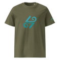 Cargar la imagen en la vista de la galería, Khaki unisex organic cotton t-shirt with blue abstract logo on front and sleeve text detail