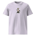 Cargar la imagen en la vista de la galería, Lavender unisex organic cotton t-shirt with cartoon cat graphic on chest