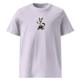 Carregar imagem no visualizador da Galeria, Lavender unisex organic cotton t-shirt with cartoon cat graphic on chest