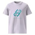 Bild in Galerie-Betrachter laden, Lavender unisex organic cotton t-shirt with teal abstract graphic and 'Levante o Poniente' text