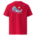 Bild in Galerie-Betrachter laden, Red unisex organic cotton t-shirt with Kitesurf Tarifa wave and sun graphic on back