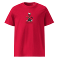 Load image into Gallery viewer, Red unisex organic cotton T-shirt with cartoon cat in Santa hat and Spanish text