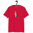 Load image into Gallery viewer, Red unisex organic cotton t-shirt with cartoon black cat and surfboard graphic