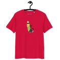 Загрузить изображение в просмотрщик галереи, Red unisex organic cotton t-shirt with cartoon black cat and surfboard graphic