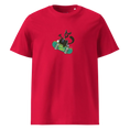 Cargar la imagen en la vista de la galería, Red unisex organic cotton t-shirt with cartoon black fox on skateboard graphic