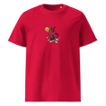 Cargar la imagen en la vista de la galería, Red unisex organic cotton t-shirt with cartoon dog holding a paddle illustration on front
