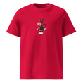 Carregar imagem no visualizador da Galeria, Red unisex organic cotton t-shirt with cartoon dog and playing cards print on front