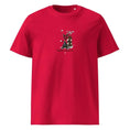 Carregar imagem no visualizador da Galeria, Red unisex organic cotton t-shirt with quirky cat and dog graphic print on the front