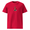 Carregar imagem no visualizador da Galeria, Red unisex organic cotton t-shirt with cartoon meditating cat graphic on front