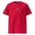 Cargar la imagen en la vista de la galería, Unisex red organic cotton t-shirt with blue abstract chest logo and short sleeves