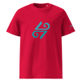 Bild in Galerie-Betrachter laden, Unisex red organic cotton t-shirt with teal abstract graphic on front