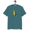 Load image into Gallery viewer, Teal unisex organic cotton t-shirt with black cat and surfboard graphic