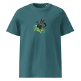 Cargar la imagen en la vista de la galería, Teal unisex organic cotton t-shirt with cartoon black cat on green skateboard graphic