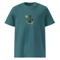 Cargar la imagen en la vista de la galería, Unisex organic cotton t-shirt in teal with cartoon dog holding a green tennis racket