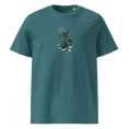 Cargar la imagen en la vista de la galería, Teal unisex organic cotton t-shirt with cartoon dog holding tennis racket and tennis balls