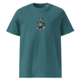 Cargar la imagen en la vista de la galería, Teal unisex organic cotton t-shirt with cartoon cat graphic on front