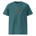 Carregar imagem no visualizador da Galeria, Teal unisex organic cotton t-shirt with cartoon cat graphic on front