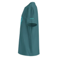 Cargar la imagen en la vista de la galería, Unisex organic cotton t-shirt in teal, side view, sleeve text reads 'TARIFA'.