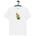 Load image into Gallery viewer, White unisex organic cotton t-shirt with a cartoon black cat and surfboard graphic on front