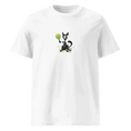 Cargar la imagen en la vista de la galería, Unisex organic cotton white t-shirt with cartoon cat holding tennis racket design