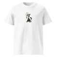 Load image into Gallery viewer, White unisex organic cotton t-shirt with a cartoon dog holding a tennis racket design