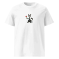Cargar la imagen en la vista de la galería, Unisex organic cotton white t-shirt with cartoon cat holding a red rose graphic