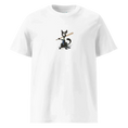Charger l'image dans la visionneuse de la galerie, Unisex white organic cotton t-shirt with cartoon black cat holding baseball bat graphic