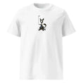 Charger l'image dans la visionneuse de la galerie, White unisex organic cotton t-shirt with cartoon dog holding a golf club graphic
