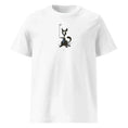 Carregar imagem no visualizador da Galeria, White unisex organic cotton t-shirt with cartoon dog holding a golf club graphic