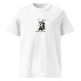 Charger l'image dans la visionneuse de la galerie, Unisex white organic cotton t-shirt with cartoon cat, golf bag, and humorous text on chest