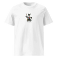 Bild in Galerie-Betrachter laden, White unisex organic cotton t-shirt with cartoon cat holding rifle, Kitty Revolution design