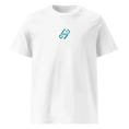 Charger l'image dans la visionneuse de la galerie, Unisex organic cotton white t-shirt with teal minimalist logo on chest