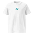 Загрузить изображение в просмотрщик галереи, Unisex organic cotton white t-shirt with teal minimalist logo on chest