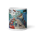 Load image into Gallery viewer, White glossy 11 oz mug featuring colorful street cafe scene with people, dog, scooter, and blue buildings