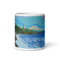 Charger l'image dans la visionneuse de la galerie, White glossy mug with a colorful coastal landscape and lighthouse illustration