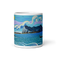 Load image into Gallery viewer, White glossy 11 oz mug with colorful coastal landscape art featuring mountains, ocean, and swirling clouds