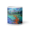 Load image into Gallery viewer, White glossy mug with colorful countryside landscape and shepherd design, front view