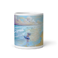 Bild in Galerie-Betrachter laden, White glossy mug with colorful beach and surfer illustration on black background