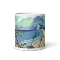 Загрузить изображение в просмотрщик галереи, White glossy mug with coastal beach and mountain landscape artwork on front view